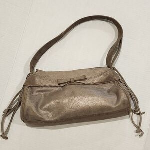 Sondra Roberts Bronze Metallic Bow detail purse Suede Fringe Thick strap